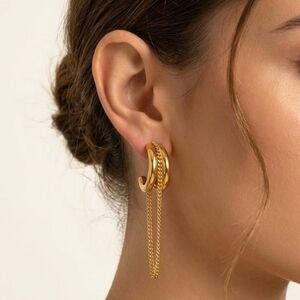 Gold Double Hoop Chain Drop Earrings - Women Jewelry